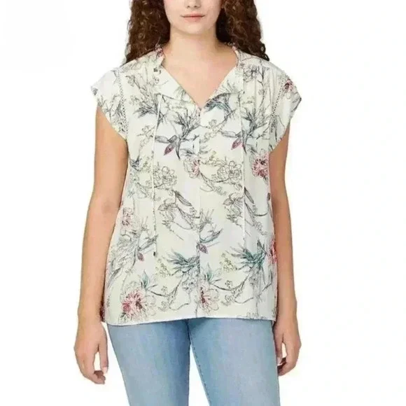 Buffalo David Bitton Floral Blouse Lightweight Flowy Top Medium White Pink Green - Picture 9 of 11